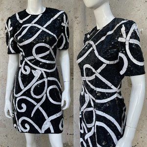 Vintage 80’s/90’s Sequined Dress by Lawrence Kazar, Black & White Swirls, M